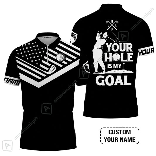 Custom Golf Zip Polo Shirt - Your Hole Is My Goal Custom Name Black American Flag Zip Polo Shirt