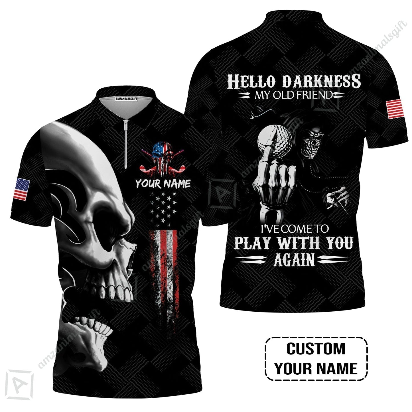 Personalized Golf T-Shirt - Custom Name Skull Shirt, Golf American Flag Hello Darkness My Old Friend T-Shirt