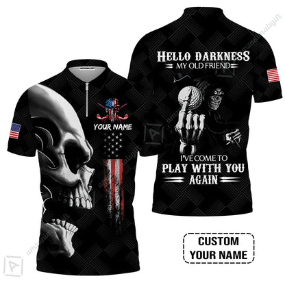 Personalized Golf T-Shirt - Custom Name Skull Shirt, Golf American Flag Hello Darkness My Old Friend T-Shirt