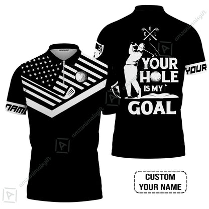 Custom Golf Polo Shirt - Your Hole Is My Goal Custom Name Black American Flag Men Polo Shirt