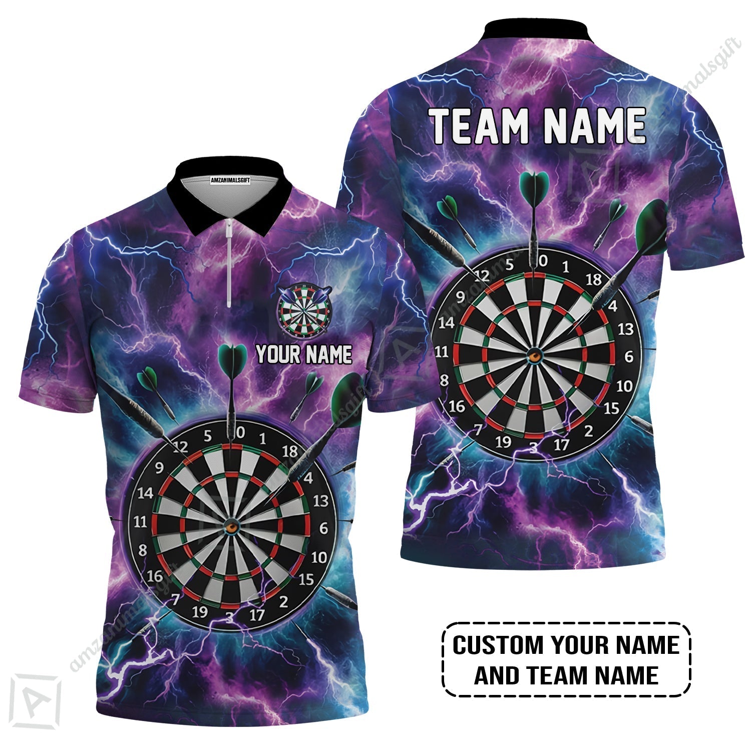 Personalized Darts Zip Polo Shirt - Custom Name & Team Name Purple Thunder Lightning Zip Polo Shirt