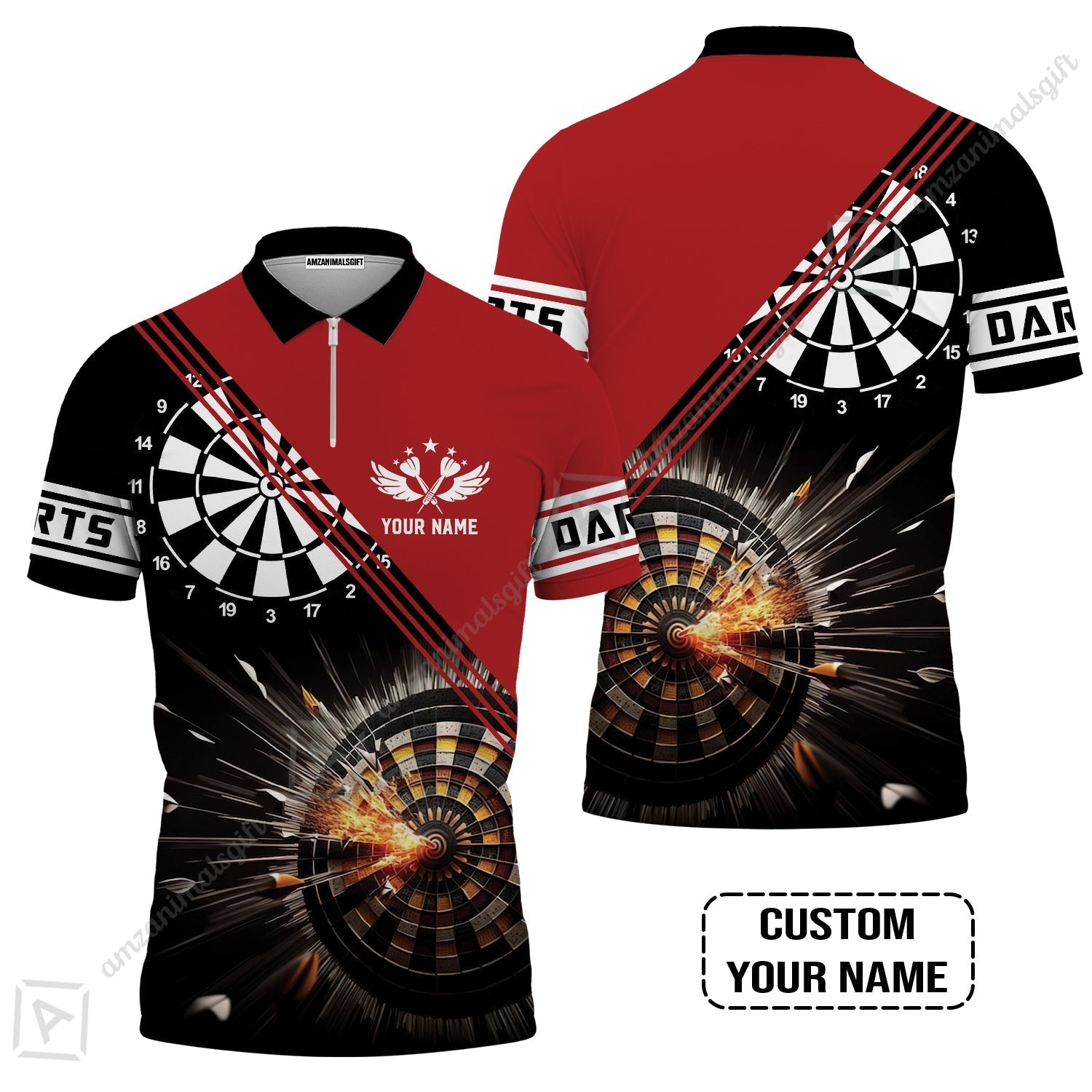 Customized Red Darts Zip Polo Shirt, Custom Darts For Team Zip Polo Shirt