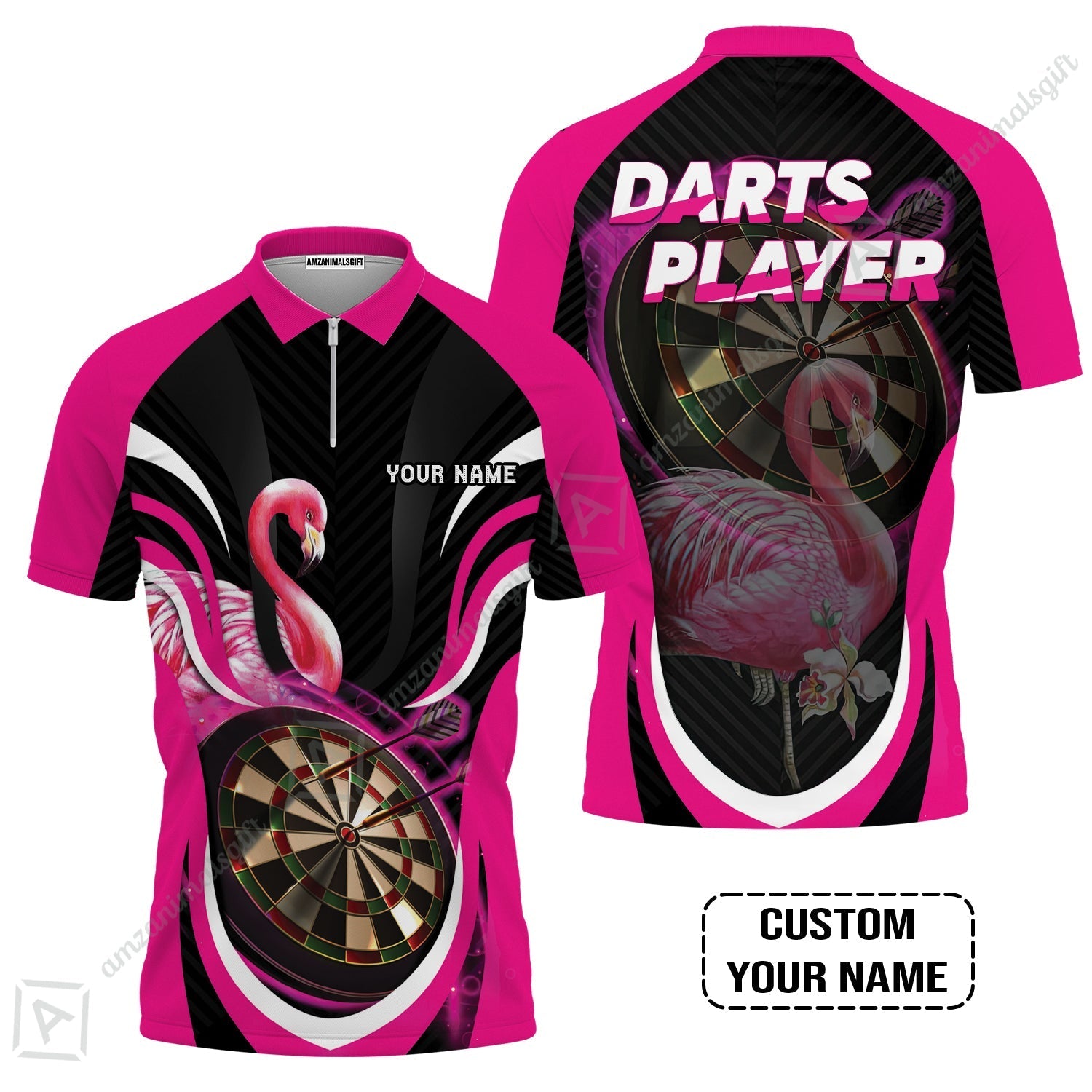 Customized Darts Zip Polo Shirt, Flamingo Darts Shirt, Personalized Name Darts Zip Polo Shirt