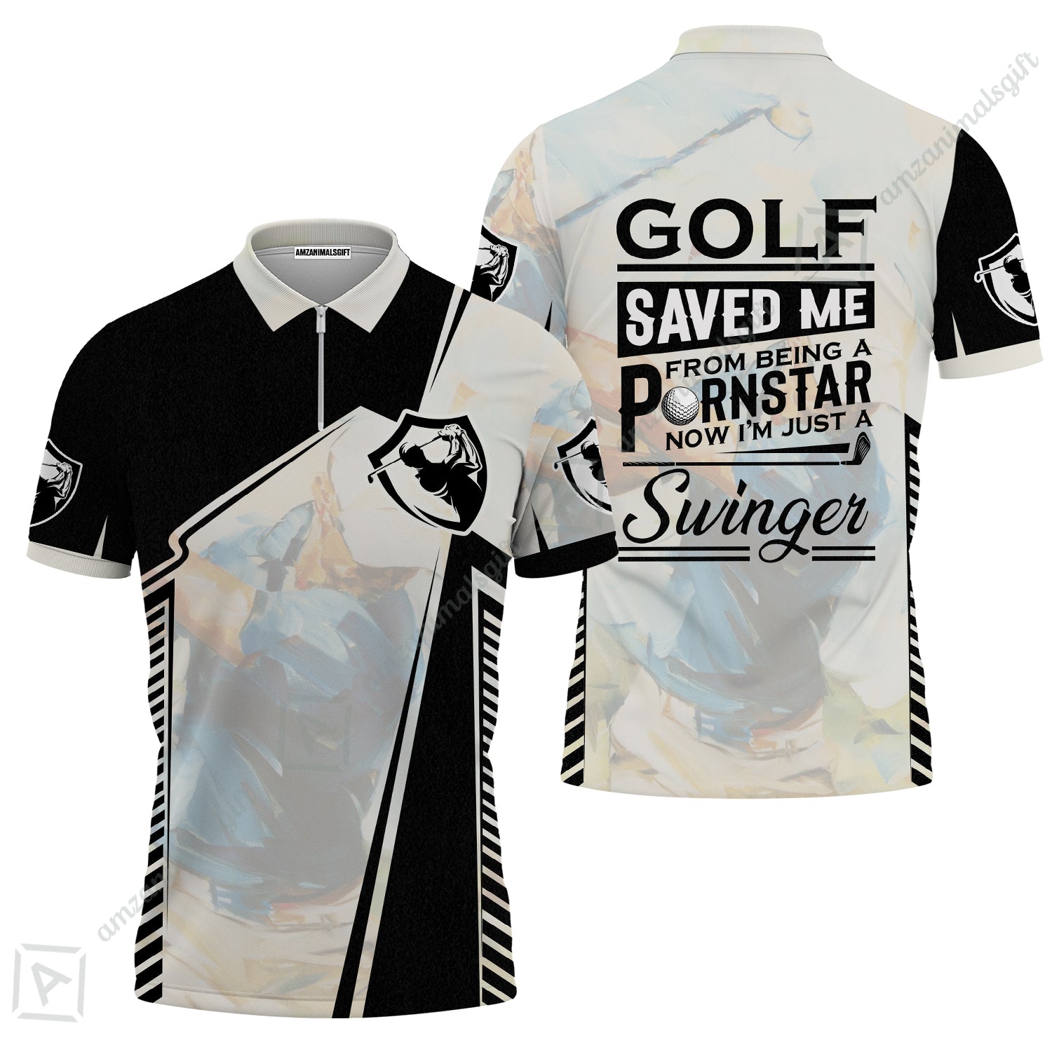 Black And White Zip Polo Shirt, Golf Saved Me Golfing Zip Polo Shirt