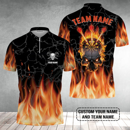 Personalized Darts Zip Polo Shirt - Custom Name & Team Name Orange Flame Skull Darts Zip Polo Shirt