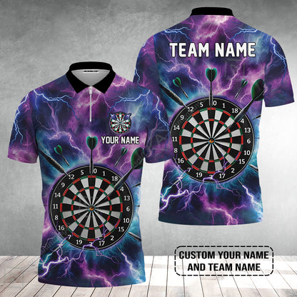 Personalized Darts Zip Polo Shirt - Custom Name & Team Name Purple Thunder Lightning Zip Polo Shirt
