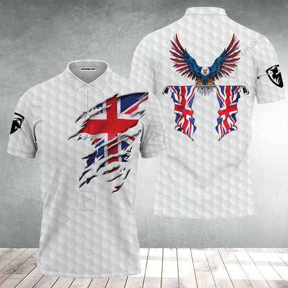 United Kingdom Eagle Flag Zip Polo Shirt, Golf Pattern Ripped Great Britain Jack Shirt, UK Golf Zip Polo Shirt
