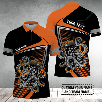 Customized Name & Text Darts Zip Polo Shirt, Personalized Darts And Octopus Zip Polo Shirt
