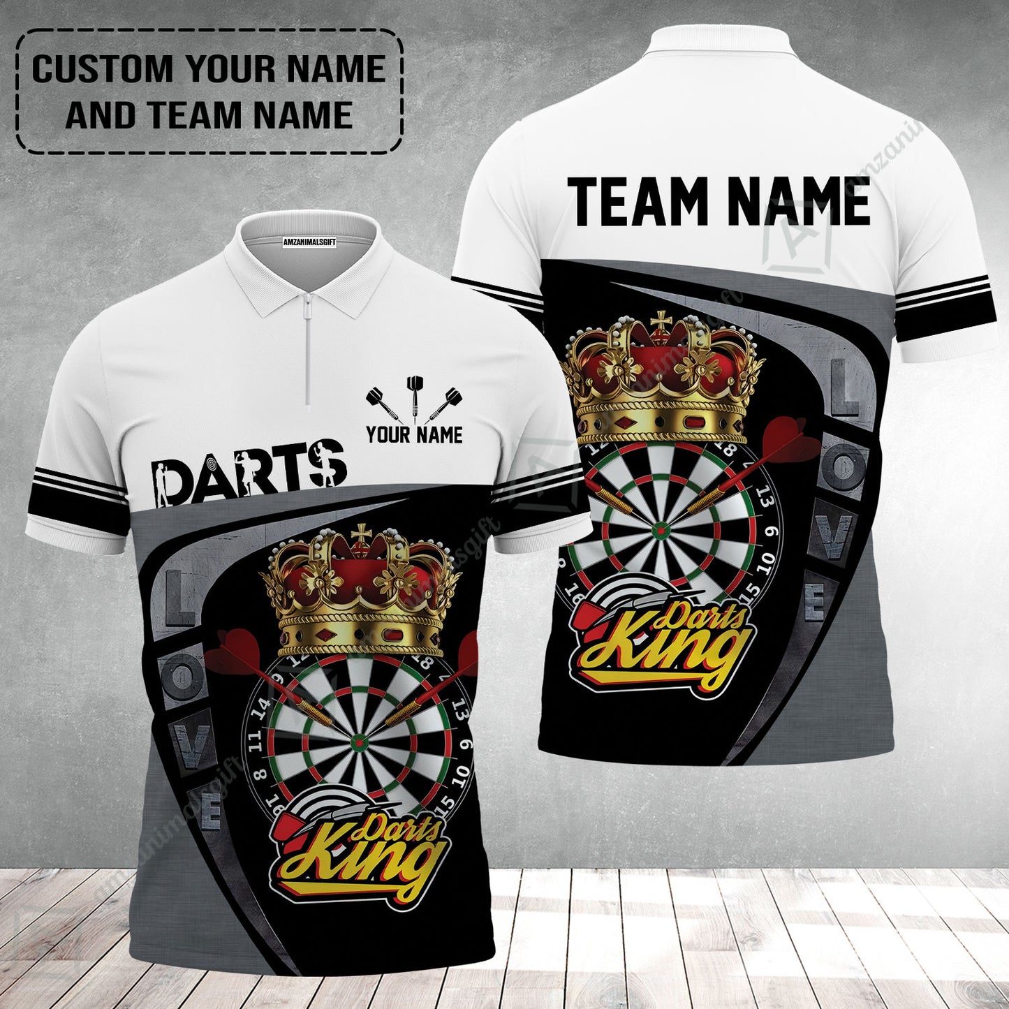 Customized Name & Text Darts Zip Polo Shirt, Darts King Personalized Name Darts Uniforms Zip Polo Shirt