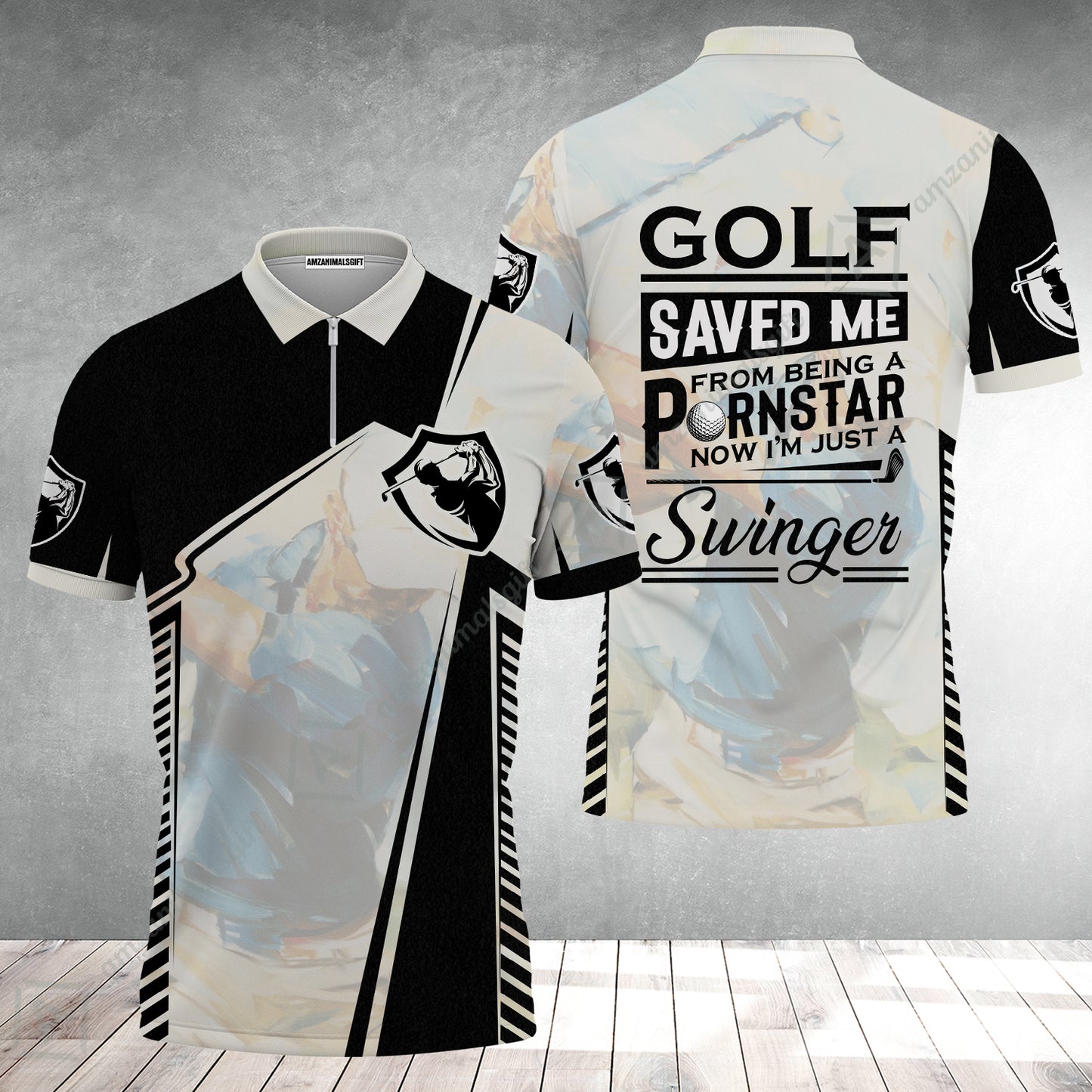 Black And White Zip Polo Shirt, Golf Saved Me Golfing Zip Polo Shirt