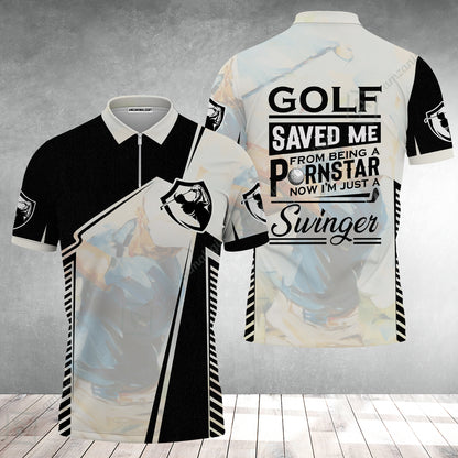 Black And White Zip Polo Shirt, Golf Saved Me Golfing Zip Polo Shirt