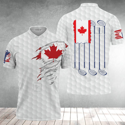 Golf Canada Flag Zip Polo Shirt, Red Maple Leaf Golfing Shirt, Canadian Golf Zip Polo Shirt