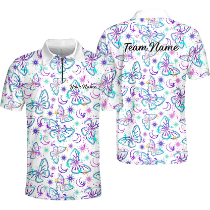 Custom Bowling Jersey Polo Shirt, Butterfly Moon Bowling, Custom Bowling Jersey Team Shirt For Players With Name & Team Name