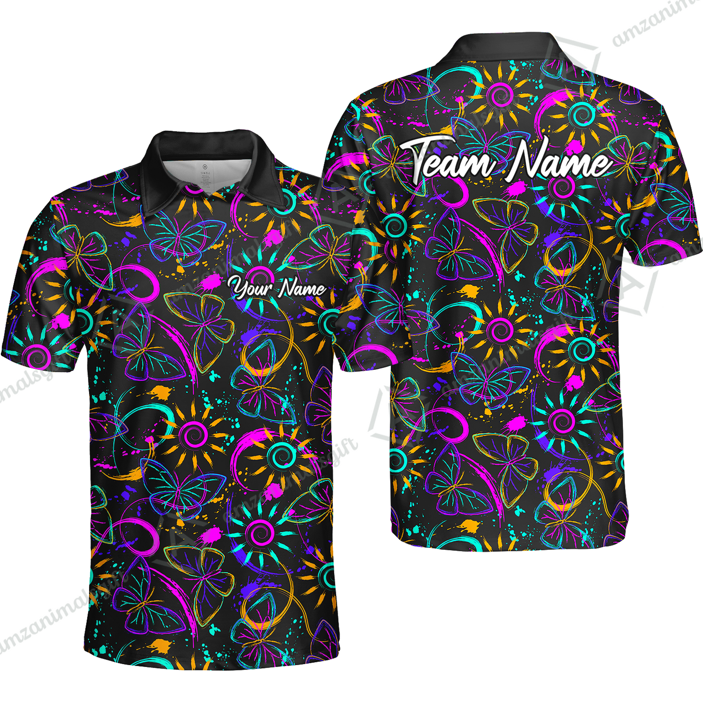 Custom Bowling Jersey Polo Shirt, Colorful Butterfly Bowling, Custom Bowling Jersey Team Shirt For Players With Name & Team Name