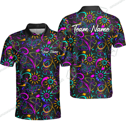 Custom Bowling Jersey Polo Shirt, Colorful Butterfly Bowling, Custom Bowling Jersey Team Shirt For Players With Name & Team Name