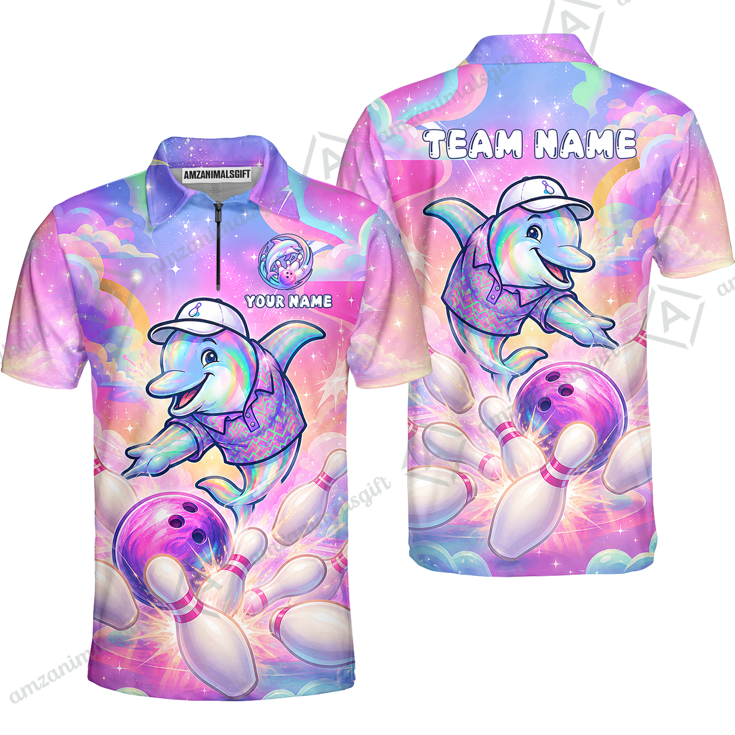 Custom Bowling Jersey Polo Shirt, Dolphin In Galaxy, Custom Bowling Jersey Team Shirt For Players With Name and Team Name