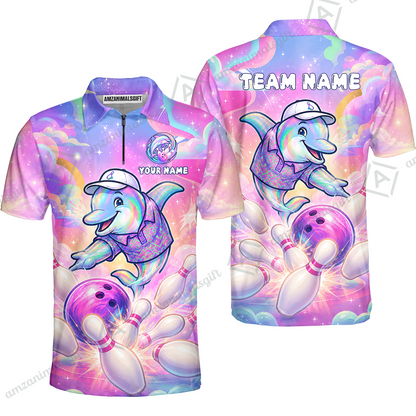 Custom Bowling Jersey Polo Shirt, Dolphin In Galaxy, Custom Bowling Jersey Team Shirt For Players With Name and Team Name