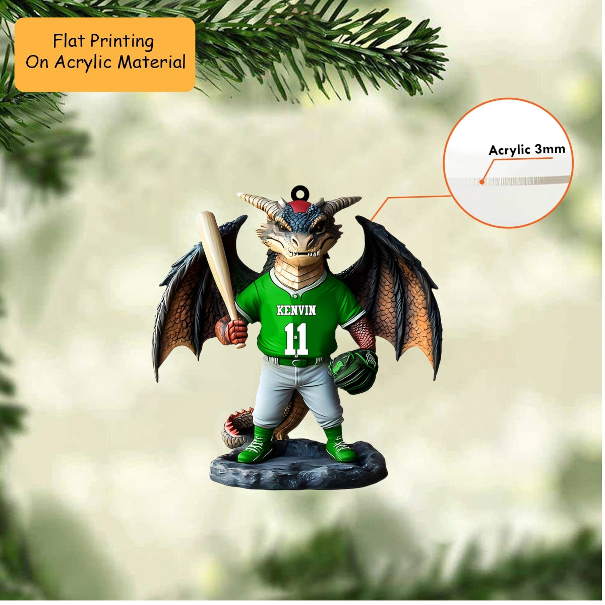 Personalized Baseball Christmas Ornament, Dark Fantasy Dragon Batter, Custom Ornament Christmas Gift, Keychain Bowling, Car Ornament Bowling