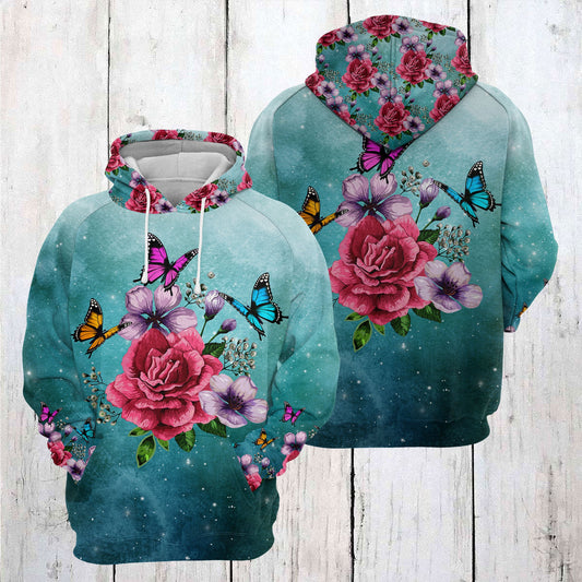 Colorful Butterfly Flower Pullover Premium Hoodie , Perfect Outfit For Men And Women On Christmas New Year Autumn Winter