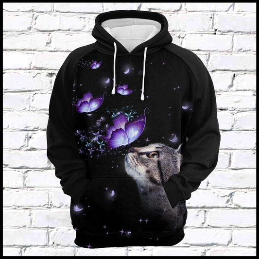 Cat & Purple Butterfly Pullover Premium Hoodie, Perfect Outfit For Men And Women On Christmas New Year Autumn Winter