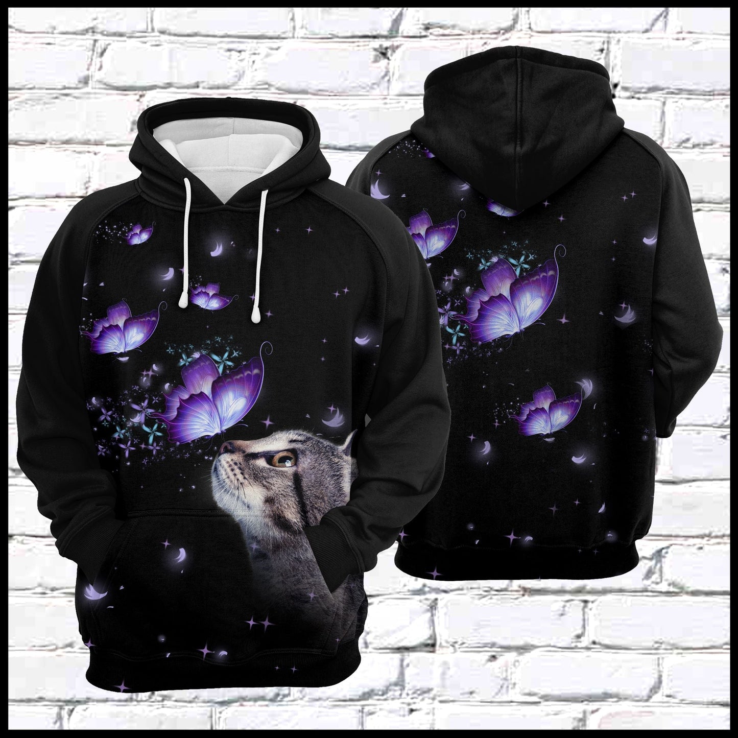 Cat & Purple Butterfly Pullover Premium Hoodie, Perfect Outfit For Men And Women On Christmas New Year Autumn Winter