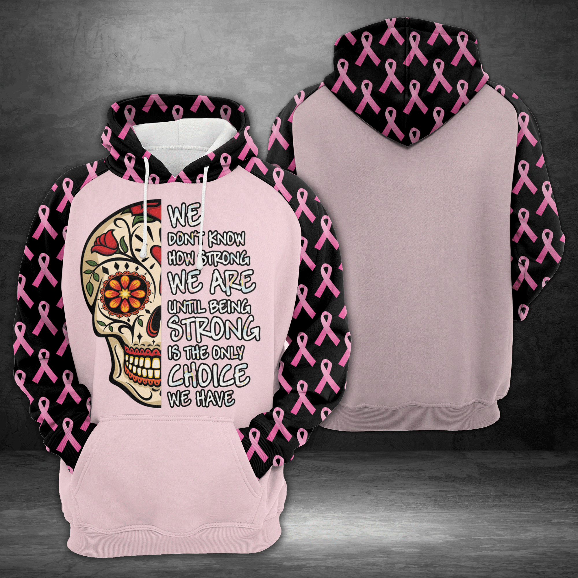Breast Cancer Skull Pullover Halloween Premium Hoodie We Don't Know How Strong, Perfect Outfit For Men And Women On Christmas New Year Autumn Winter
