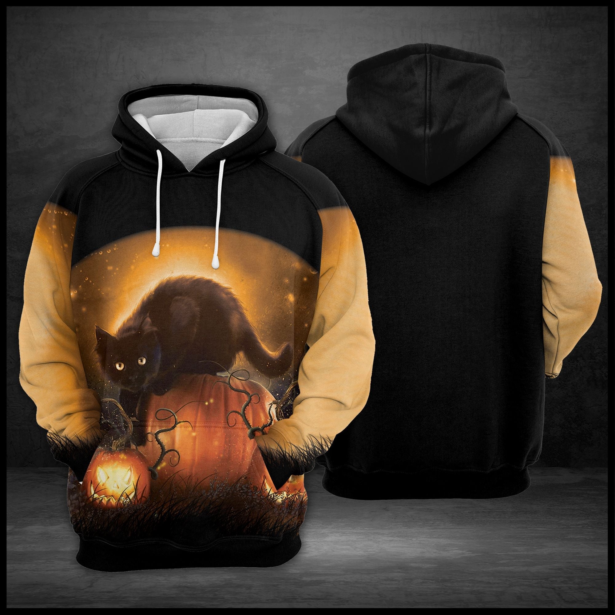 Black Cat Halloween Pumpkin Pullover Premium Hoodie Black Background, Perfect Outfit For Men And Women On Christmas New Year Autumn Winter