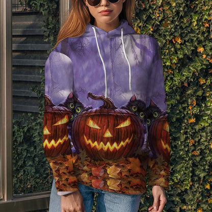 Black Cat Halloween Pumpkin Pullover Premium Hoodie Purple Background, Perfect Outfit For Men And Women On Christmas New Year Autumn Winter