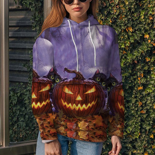Black Cat Halloween Pumpkin Pullover Premium Hoodie Purple Background, Perfect Outfit For Men And Women On Christmas New Year Autumn Winter