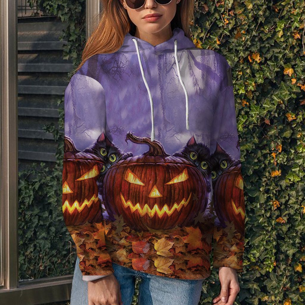 Black Cat Halloween Pumpkin Pullover Premium Hoodie Purple Background, Perfect Outfit For Men And Women On Christmas New Year Autumn Winter