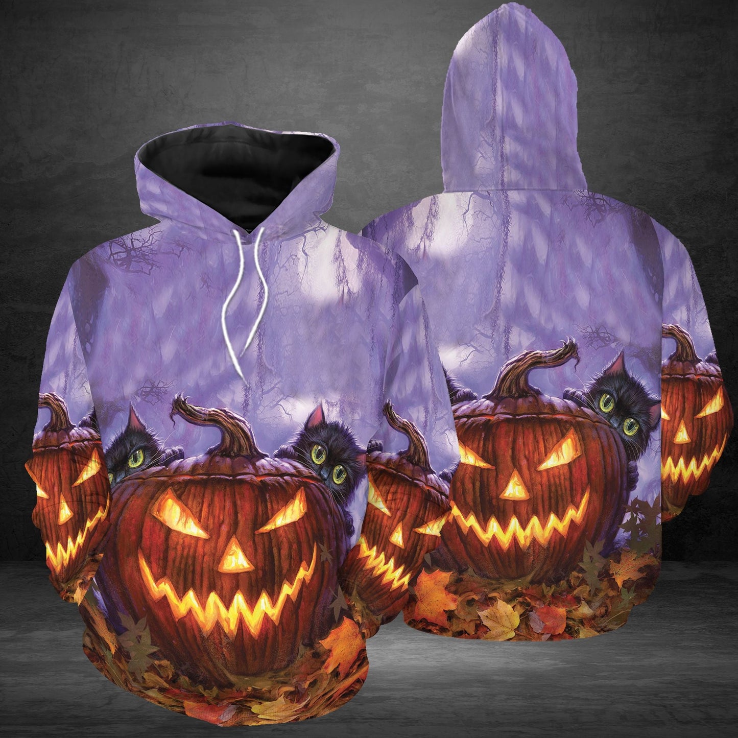 Black Cat Halloween Pumpkin Pullover Premium Hoodie Purple Background, Perfect Outfit For Men And Women On Christmas New Year Autumn Winter