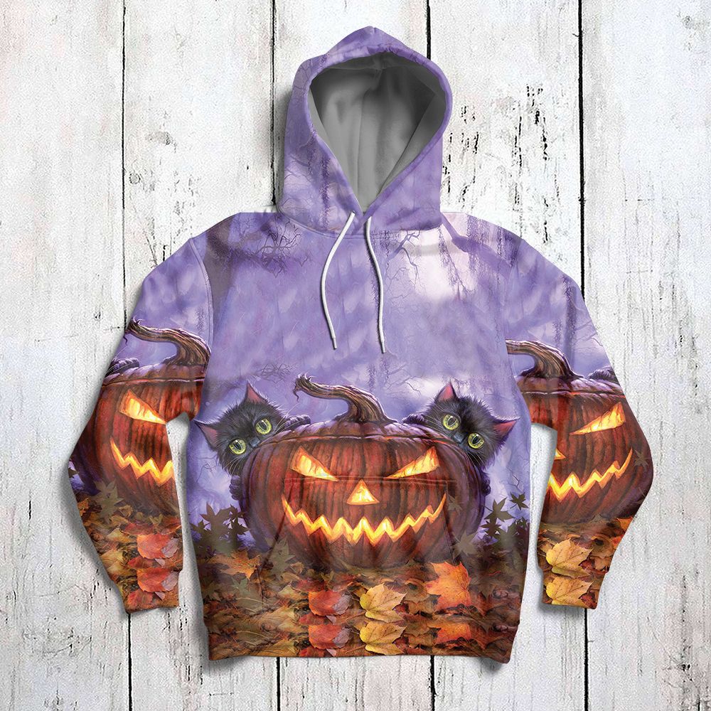 Black Cat Halloween Pumpkin Pullover Premium Hoodie Purple Background, Perfect Outfit For Men And Women On Christmas New Year Autumn Winter