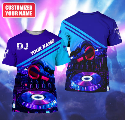 Personalized Name DJ Shirts - Custom Name Disc Jockey Shirts, Modern Music Disc Blue Neon Shirts, Perfect DJ Shirts for Men, Friends, Family