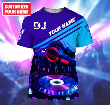 Personalized Name DJ Shirts - Custom Name Disc Jockey Shirts, Modern Music Disc Blue Neon Shirts, Perfect DJ Shirts for Men, Friends, Family