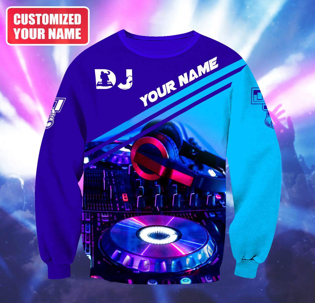 Personalized Name DJ Shirts - Custom Name Disc Jockey Shirts, Modern Music Disc Blue Neon Shirts, Perfect DJ Shirts for Men, Friends, Family
