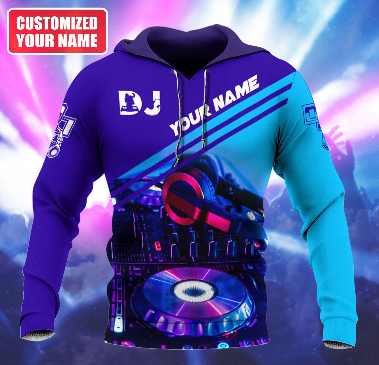 Personalized Name DJ Shirts - Custom Name Disc Jockey Shirts, Modern Music Disc Blue Neon Shirts, Perfect DJ Shirts for Men, Friends, Family