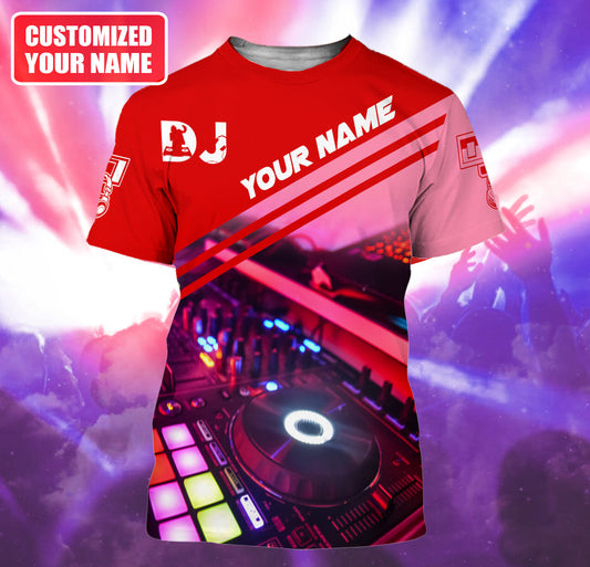 Personalized Name DJ Shirts - Custom Name Disc Jockey Shirts, Modern Music Disc Red Shirts, Perfect DJ Shirts for Men, Friends, Family