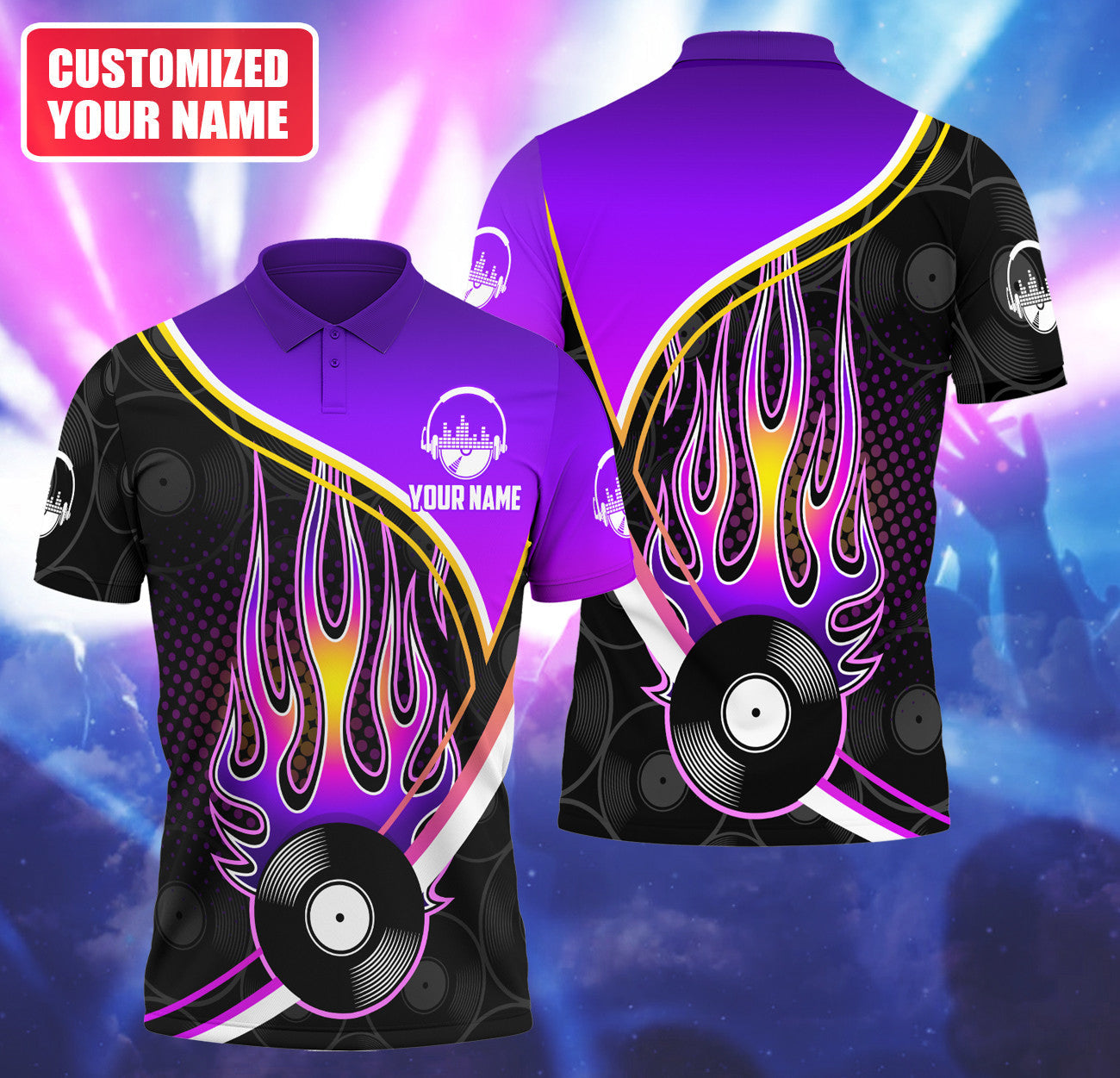 Personalized Name DJ Shirts - Custom Name Disc Jockey Shirts, Purple Fire Music Disc Shirts, Perfect DJ Shirts for Men & Women