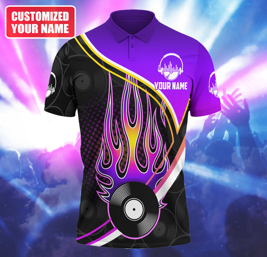 Personalized Name DJ Shirts - Custom Name Disc Jockey Shirts, Purple Fire Music Disc Shirts, Perfect DJ Shirts for Men & Women