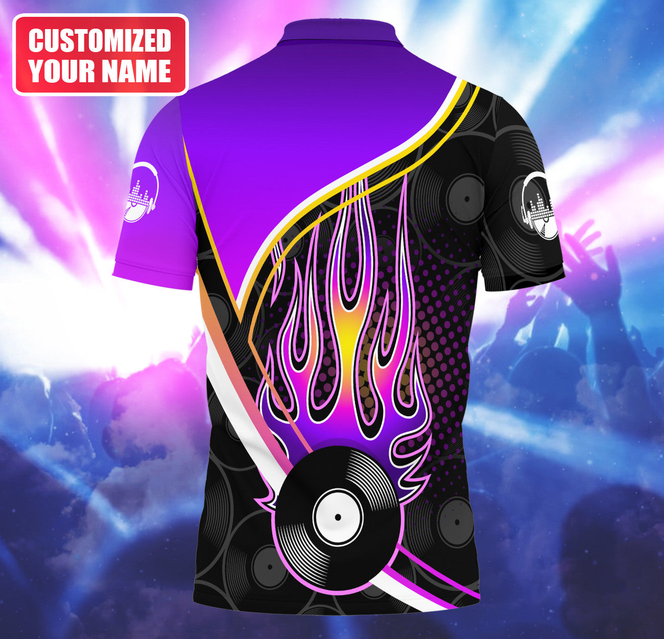 Personalized Name DJ Shirts - Custom Name Disc Jockey Shirts, Purple Fire Music Disc Shirts, Perfect DJ Shirts for Men & Women