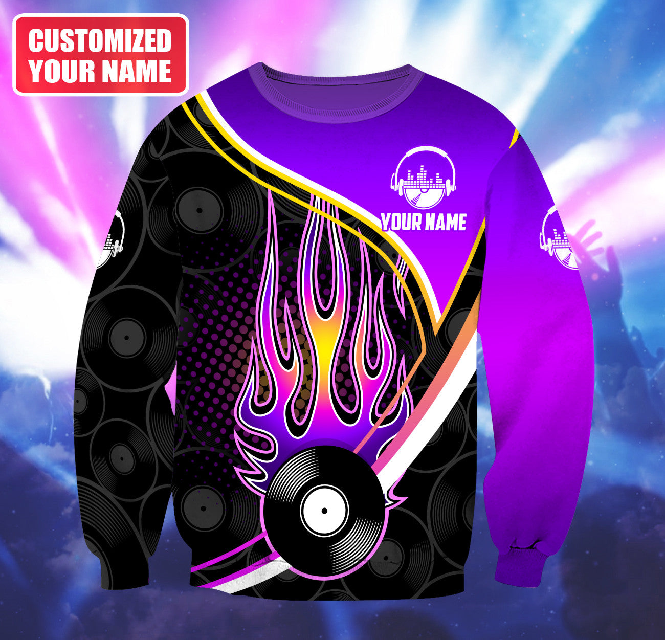 Personalized Name DJ Shirts - Custom Name Disc Jockey Shirts, Purple Fire Music Disc Shirts, Perfect DJ Shirts for Men & Women