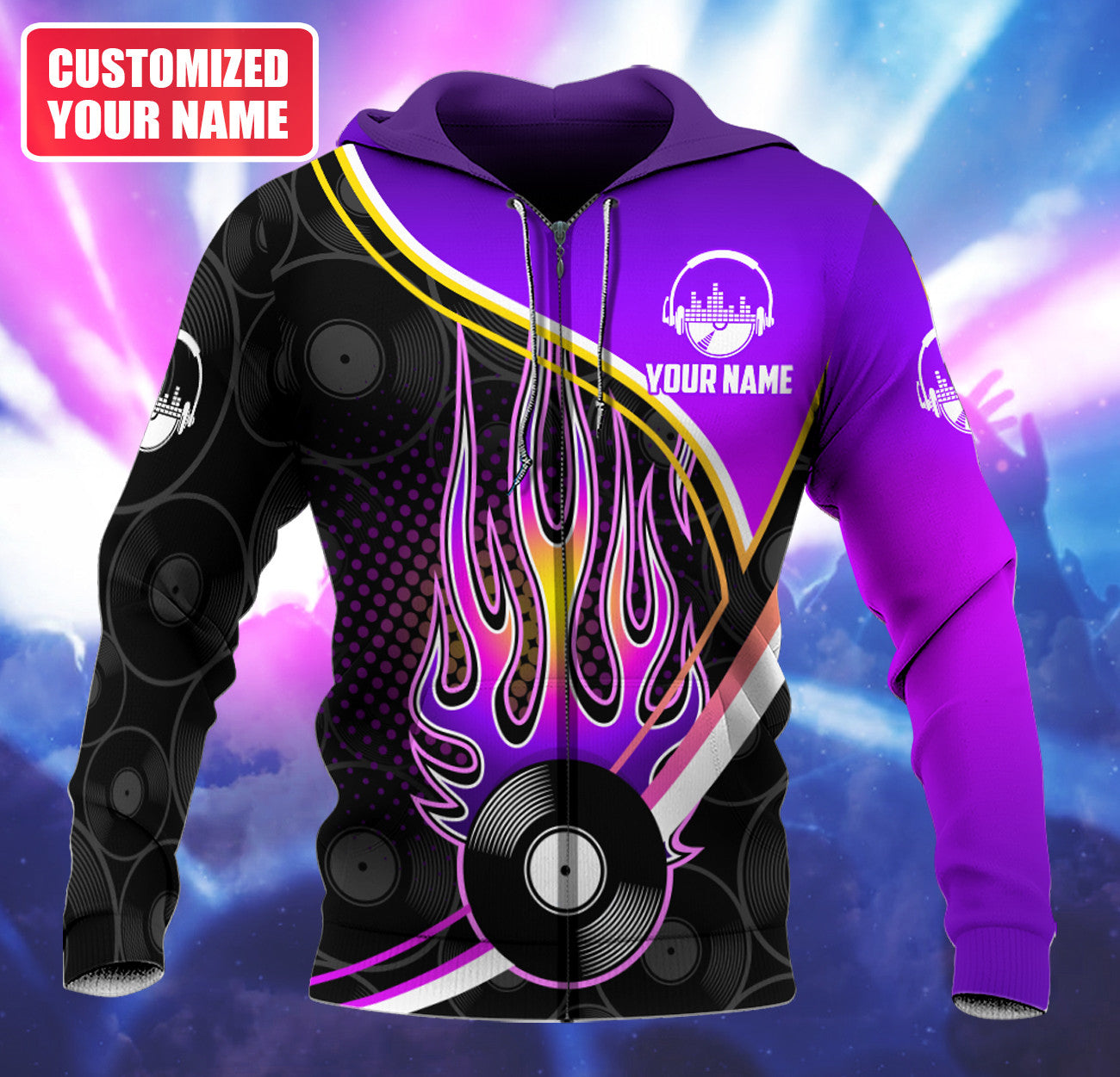Personalized Name DJ Shirts - Custom Name Disc Jockey Shirts, Purple Fire Music Disc Shirts, Perfect DJ Shirts for Men & Women