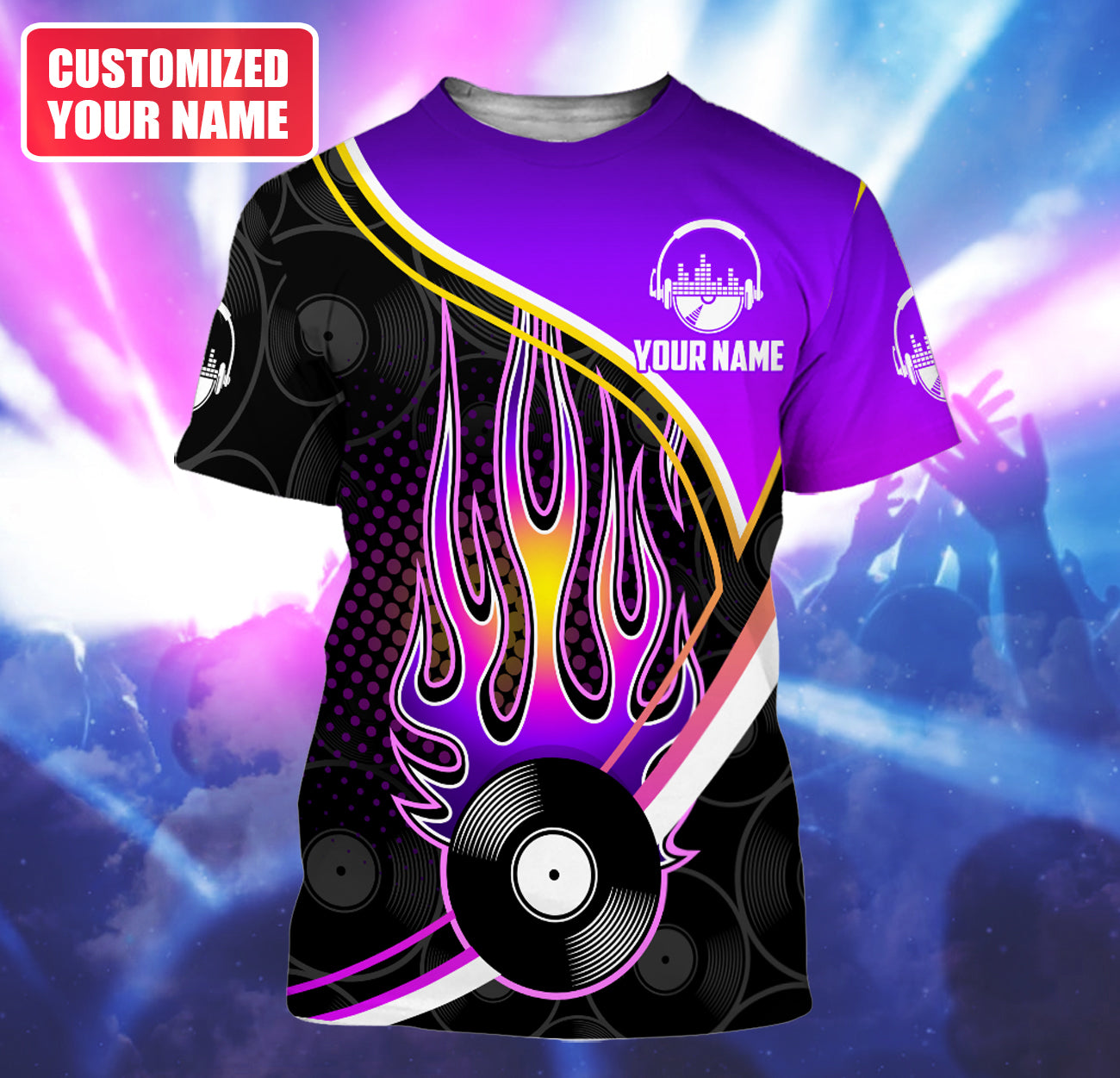 Personalized Name DJ Shirts - Custom Name Disc Jockey Shirts, Purple Fire Music Disc Shirts, Perfect DJ Shirts for Men & Women