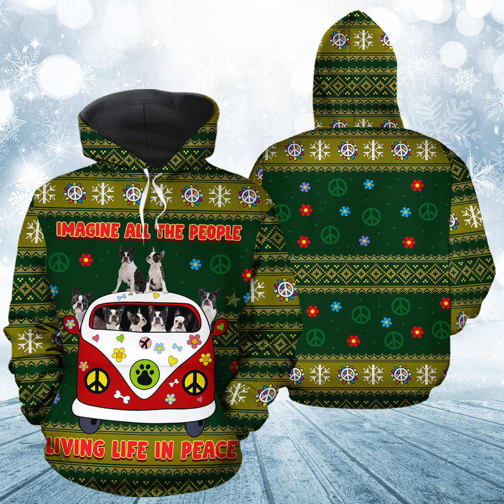 Boston Terrier Pullover Premium Hoodie Imagine All The People Living Life In Peace, Perfect Outfit For Men And Women On Christmas New Year Autumn Winter