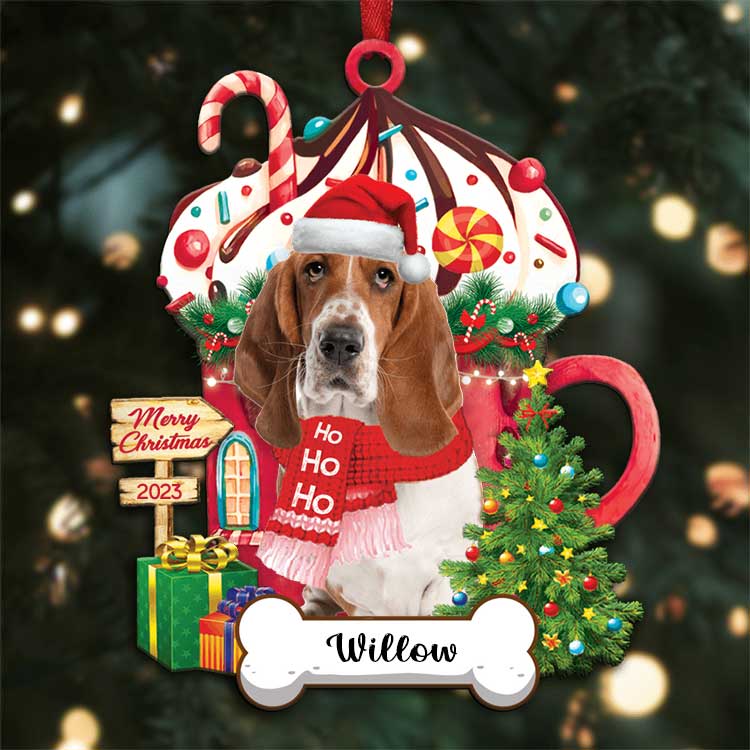 Basset Hound Dog Merry Christmas 2023 Ornament Custom Name, Custom Shape Ornament for Christmas, Ornament for Dog Lover