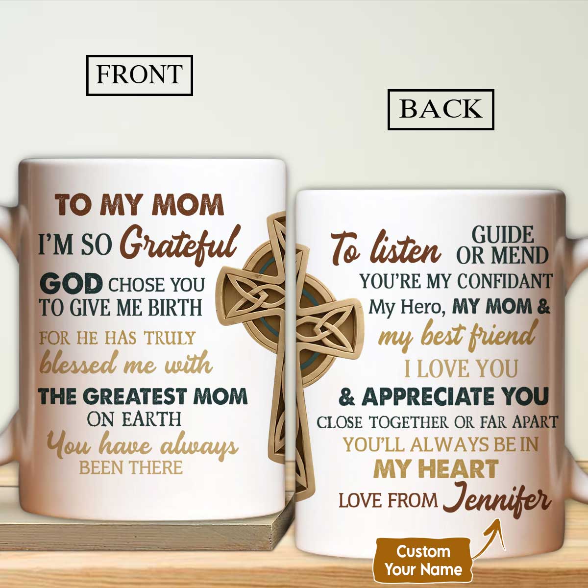 Gift For Mom Personalized Mug - Daughter to mom, Wooden cross Mug, You will always be in my heart Mug - Custom Gift For Mother's Day, Presents for Mom