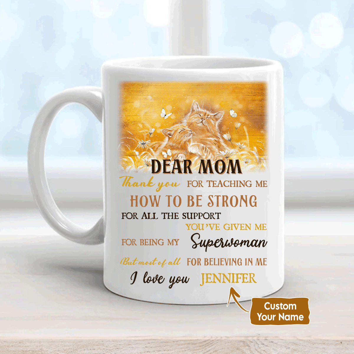 Gift For Mom Personalized Mug-Daughter to mom, Cute cat, Daisy Mug, Thank you for teaching me Mug -Custom Gift For Mother's Day, Presents for Mom