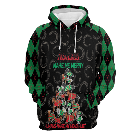 Horse Pullover Premium Hoodie Horse Make Me Merry Humans Make My Head Hurt, Perfect Outfit For Men And Women On Christmas New Year Autumn Winter