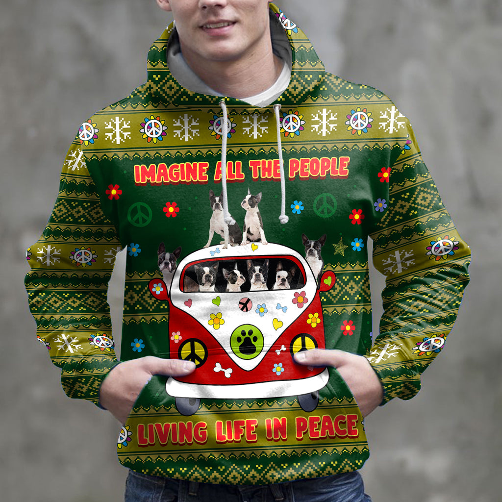 Boston Terrier Pullover Premium Hoodie Imagine All The People Living Life In Peace, Perfect Outfit For Men And Women On Christmas New Year Autumn Winter