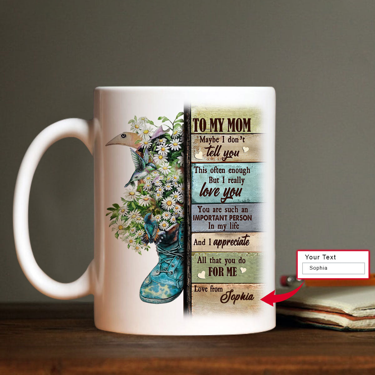 Gift For Mom Personalized Mug - Daughter to mom, Beautiful Daisy Flower, Vintage Boots Mug - Custom Gift For Mother's Day, Presents for Mom